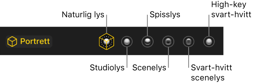 Valg for lyssettingseffekter for Portrett-modus, inkludert (fra venstre mot høyre) naturlig lys, studiolys, spisslys, scenelys, svart-hvitt scenelys og high-key svart-hvitt.