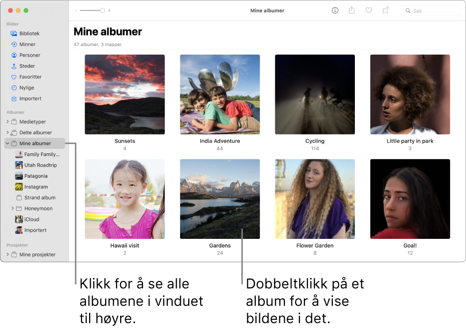 Bilder-vinduet, som viser Dager markert i verktøylinjen og bilder organisert etter et datoområde i hovedområdet av vinduet.