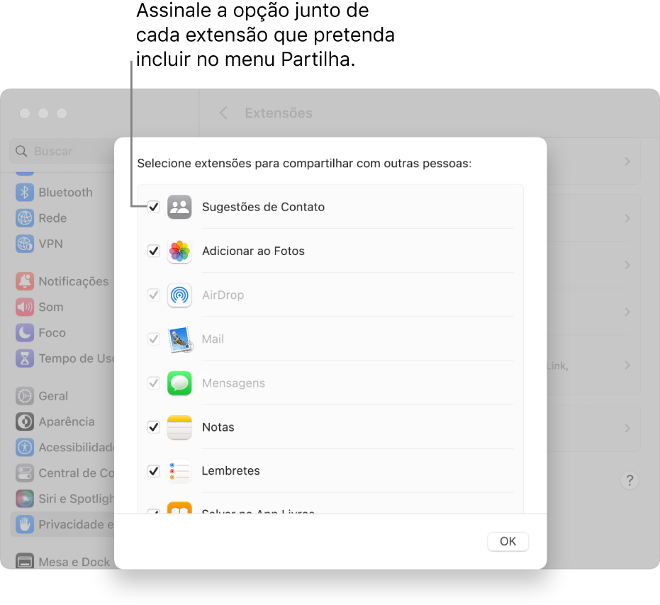 Lista de extensões nos ajustes de Extensões, com uma caixa de verificação ao lado de cada extensão para adicioná-la ao menu Compartilhar.