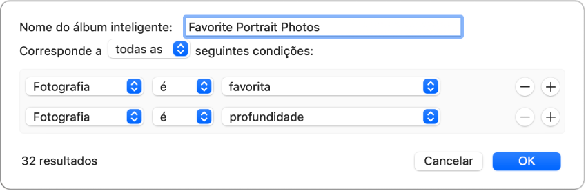 Uma caixa de diálogo a mostrar os critérios para um álbum inteligente que reúna fotografias com efeito de retrato que tenham sido marcadas como favoritas.