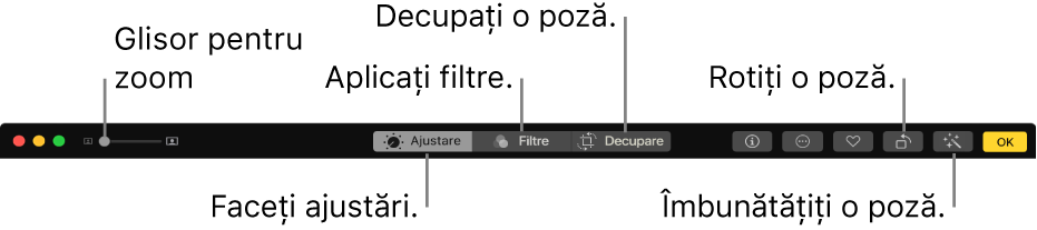 Bara de instrumente de editare afișând un glisor Zoom și butoanele pentru ajustări, adăugarea filtrelor, decuparea, rotirea și îmbunătățirea pozelor.