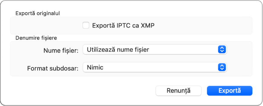 Dialog afișând opțiuni pentru exportul fișierelor poze în formatul lor original.