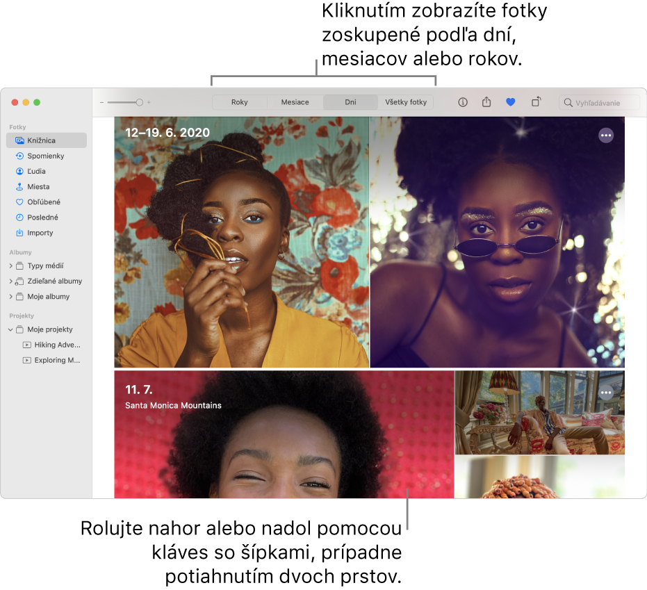 Okno apky Fotky zobrazujúce možnosť Dni, ktorá je vybratá v paneli s nástrojmi a fotky usporiadané podľa dátumu sa zobrazujú v hlavnej oblasti okna.