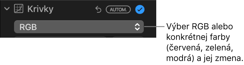 Ovládacie prvky Krivky na paneli Úpravy zobrazujúce možnosť RGB vybranú vo vyskakovacom menu.
