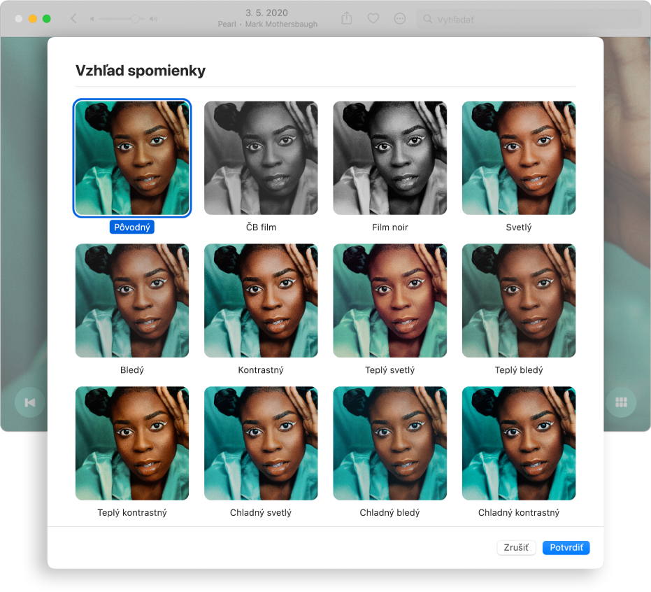 Okno Fotky zobrazujúce vzhľady, ktoré možno použiť na položky v spomienke.