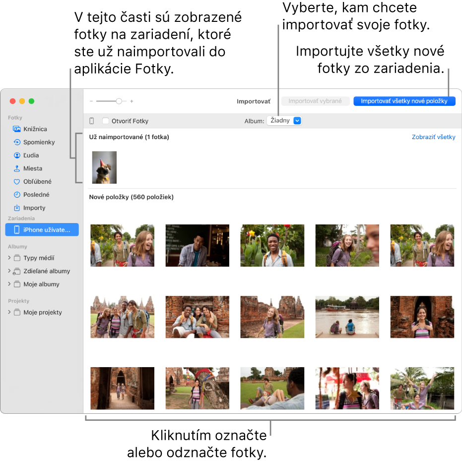 Fotky v zariadení, ktoré ste už importovali, sa zobrazia v hornej časti okno Importované a nové fotky sú v spodnej časti. V hornej časti v strede je vyskakovacie menu Album. Tlačidlo Importovať všetky nové položky je v pravom hornom rohu.