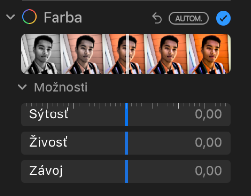 Oblasť Farby na paneli Úpravy zobrazujúca posuvníky pre nastavenia Sýtosť, Živosť a Šmuhy.