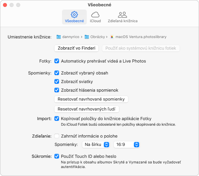 Panel Všeobecné v nastaveniach apky Fotky.