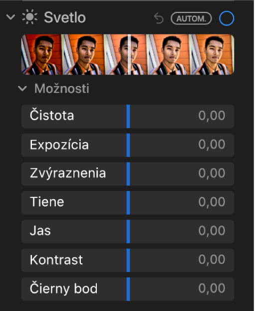 Oblasť Svetlo na paneli Úpravy zobrazujúca posuvníky pre nastavenia Odlesky, Expozícia, Zvýraznenia, Tiene, Jas, Kontrast a Čierny bod.