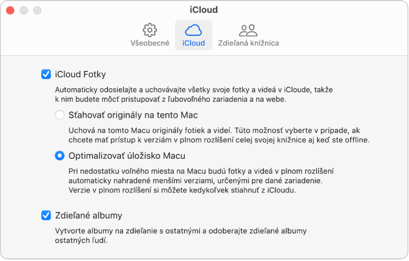 Panel iCloud v nastaveniach aplikácie Fotky.