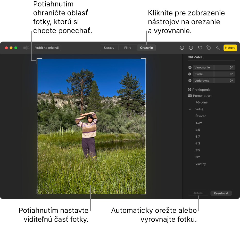 Fotka v zobrazení úprav s možnosťou Orezať vybranou na paneli s nástrojmi, s obdĺžnikom výberu okolo fotky a posuvníkmi vyrovnania, možnosťami pomeru strán a tlačidlami Auto a Resetovať vpravo.