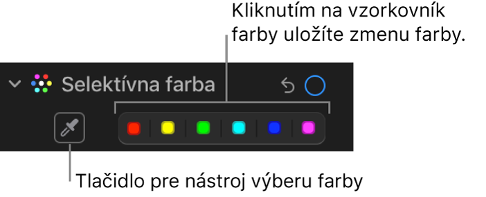 Ovládacie prvky Selektívna Farba na paneli Úpravy zobrazujúce tlačidlo Kvapkadlo a vzorkovníky farieb.