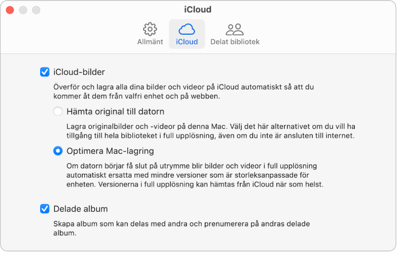 Panelen iCloud i Bilder-inställningarna.