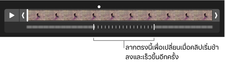 คลิปวิดีโอแบบสโลว์โมชั่นที่มีขอบจับที่คุณสามารถลากเพื่อเปลี่ยนตำแหน่งที่วิดีโอช้าลงและเร็วขึ้นอีกครั้งได้