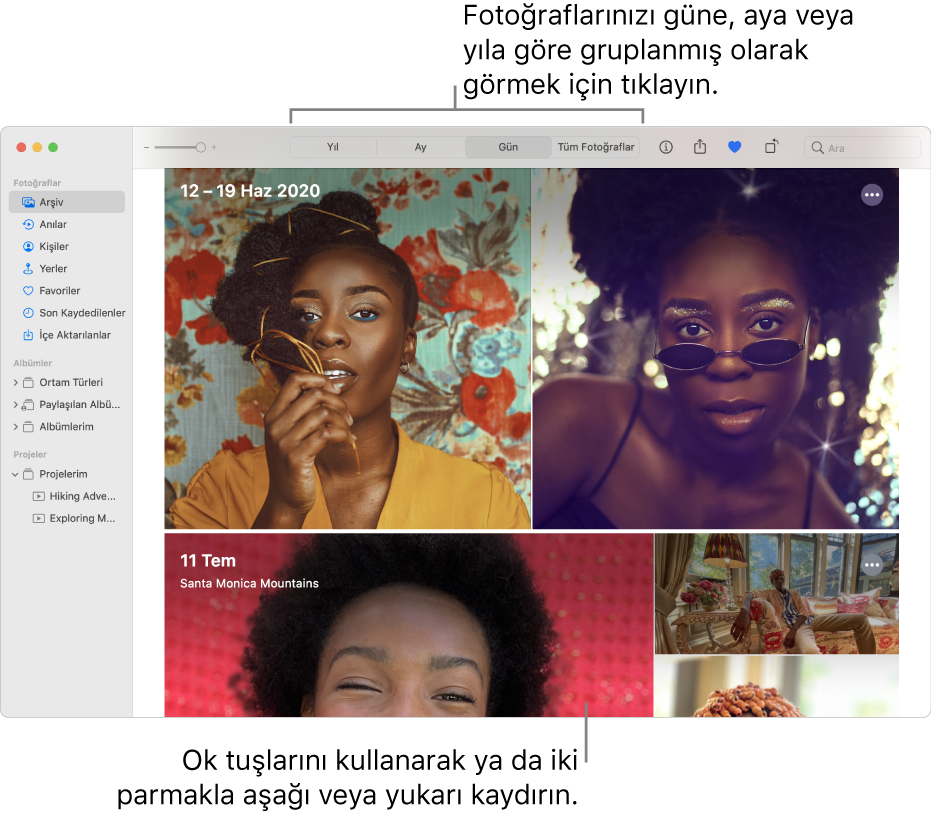 Araç çubuğunda seçilen Gün^ü ve pencerenin ana bölümünde görünen tarihe göre düzenlenmiş fotoğrafları gösteren Fotoğraflar penceresi.