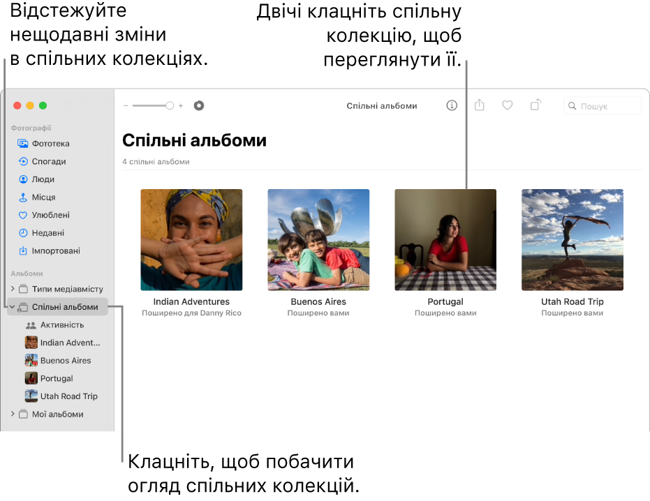 Вікно Фотографій з вибраною категорією «Спільні альбоми» на бічній панелі та спільними альбомами праворуч.