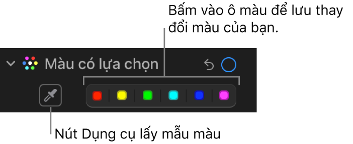 Các điều khiển Màu có lựa chọn trong khung Điều chỉnh, đang hiển thị nút Dụng cụ lấy mẫu màu và ô màu.