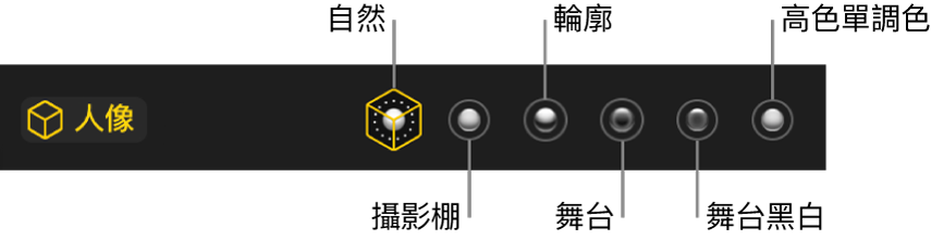 人像模式光線效果選項，由左至右包含「自然」、「攝影棚」、「輪廓」、「舞台」、「舞台黑白」、「高色調單色」。