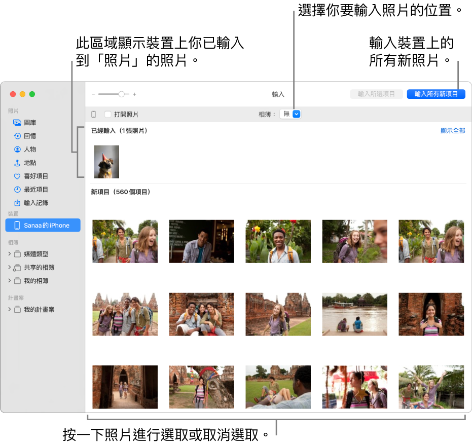 你已從裝置輸入的照片會顯示在「輸入」視窗最上方；新照片位於底部。最上方中間是「相簿」彈出式選單。「輸入所有新項目」按鈕位於右上角。