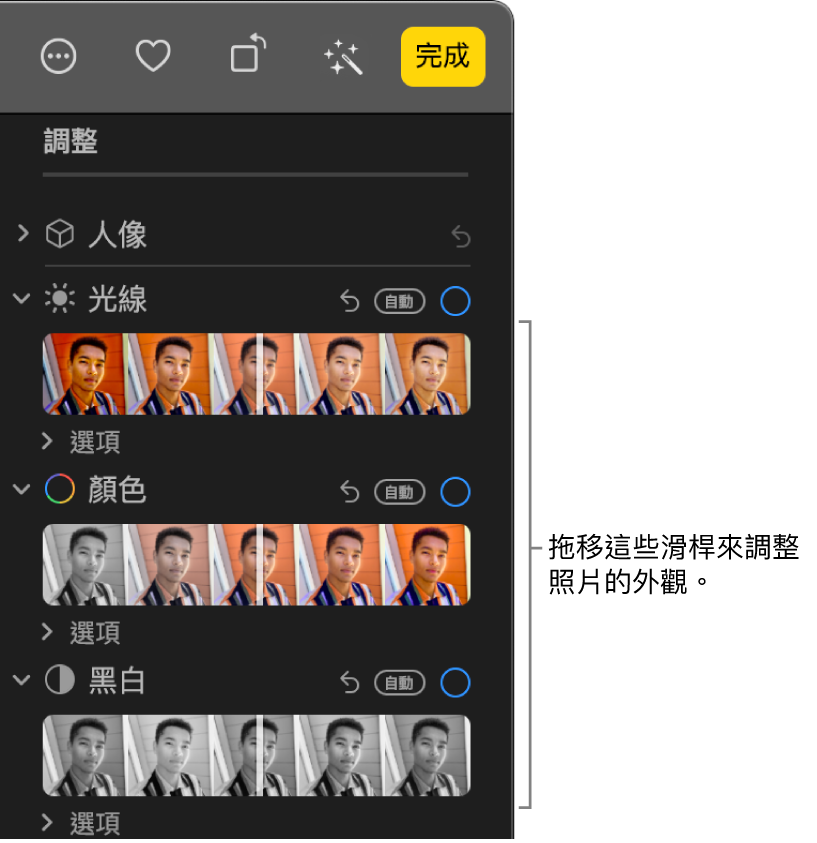 「調整」面板中的「光線」、「顏色」或「黑白」滑桿。每個滑桿上都有一個「自動」按鈕。
