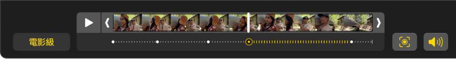 影格顯示器顯示「電影級」模式影片的影格，「電影級」按鈕在左側而「音訊」按鈕在右側。