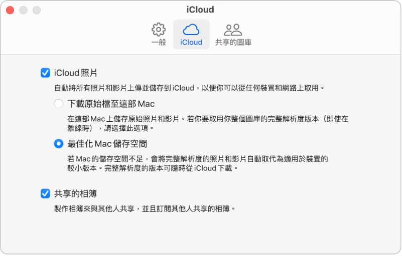 「照片」設定的 iCloud 面板。