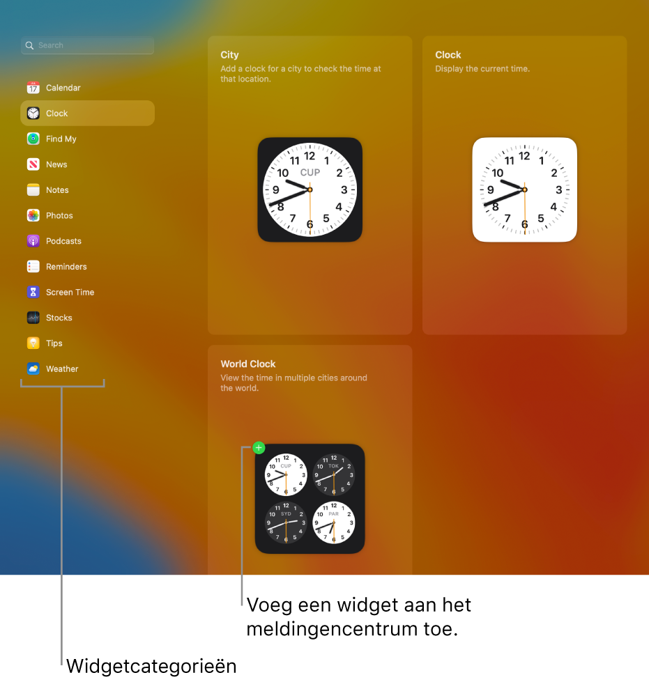 De lijst met categorieën widgets, waarbij de categorie 'Klok' is geselecteerd. De Plaats-widget, Klok-widget en Wereldklok-widget worden weergegeven. Het groene plusteken op de Wereldklok-widget geeft aan dat deze kan worden toegevoegd aan het meldingencentrum.