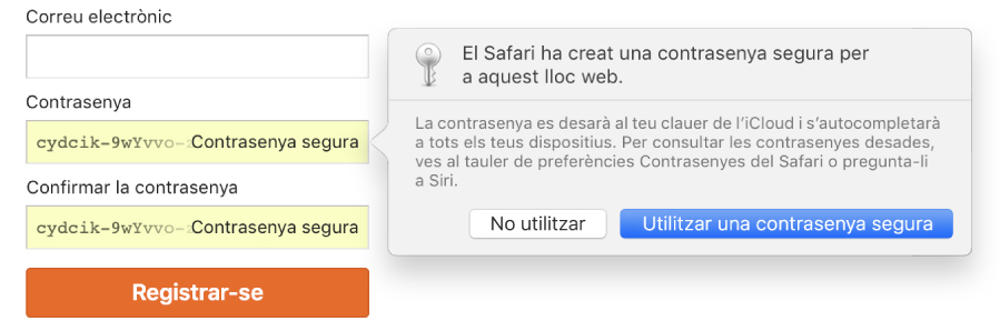 Pàgina per registrar el compte que mostra una contrasenya creada automàticament i l’opció de rebutjar-la o utilitzar-la.