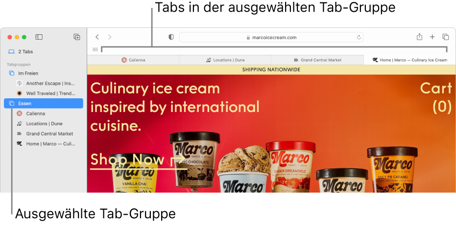 In einem Safari-Fenster wird die Seitenleiste mit einer ausgewählten Tabgruppe angezeigt.