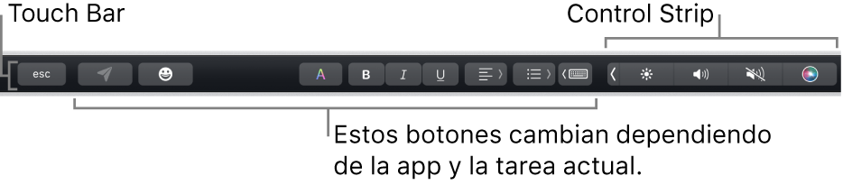 Touch Bar en la parte superior del teclado, mostrando la Control Strip contraída a la derecha y botones que varían según la app o tarea.