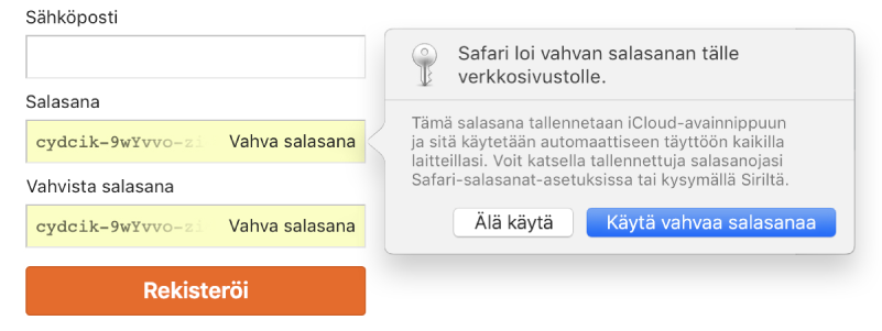 Tilin sisäänkirjautumissivu, jossa näkyy automaattisesti luotu salasana ja mahdollisuus hylätä se tai käyttää sitä.