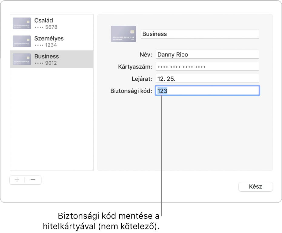 Egy hitelkártyaűrlap a név, a kártyaszám, a lejárati dátum és a biztonsági kód megadására szolgáló mezőkkel.