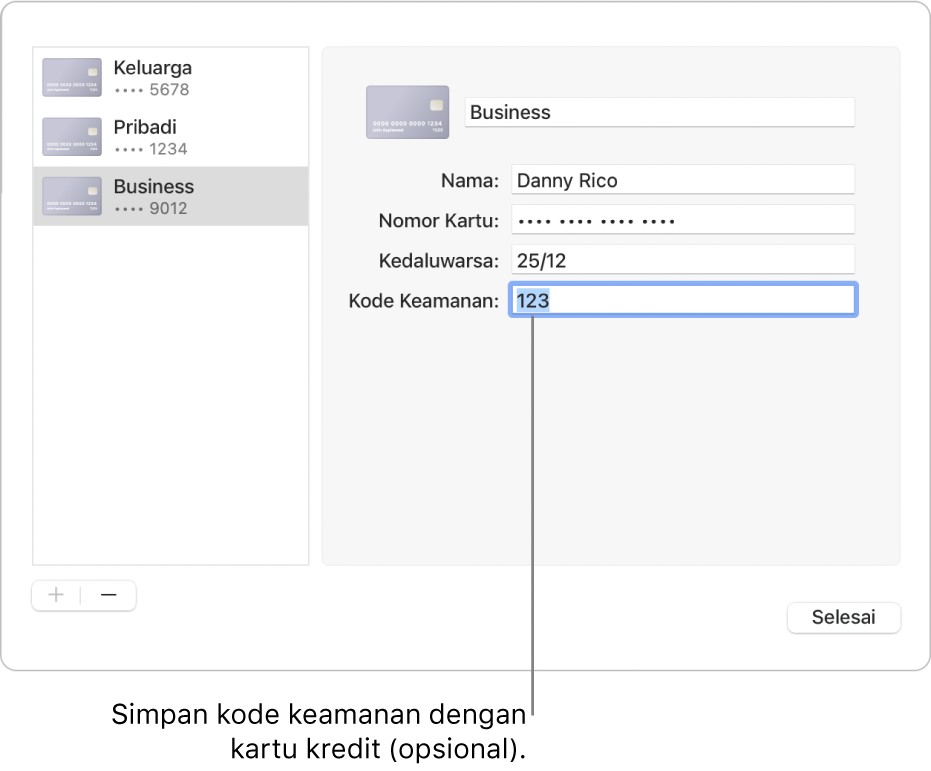 Formulir kartu kredit dengan bidang untuk memasukkan nama, nomor kartu, tanggal kedaluwarsa, dan kode keamanan.