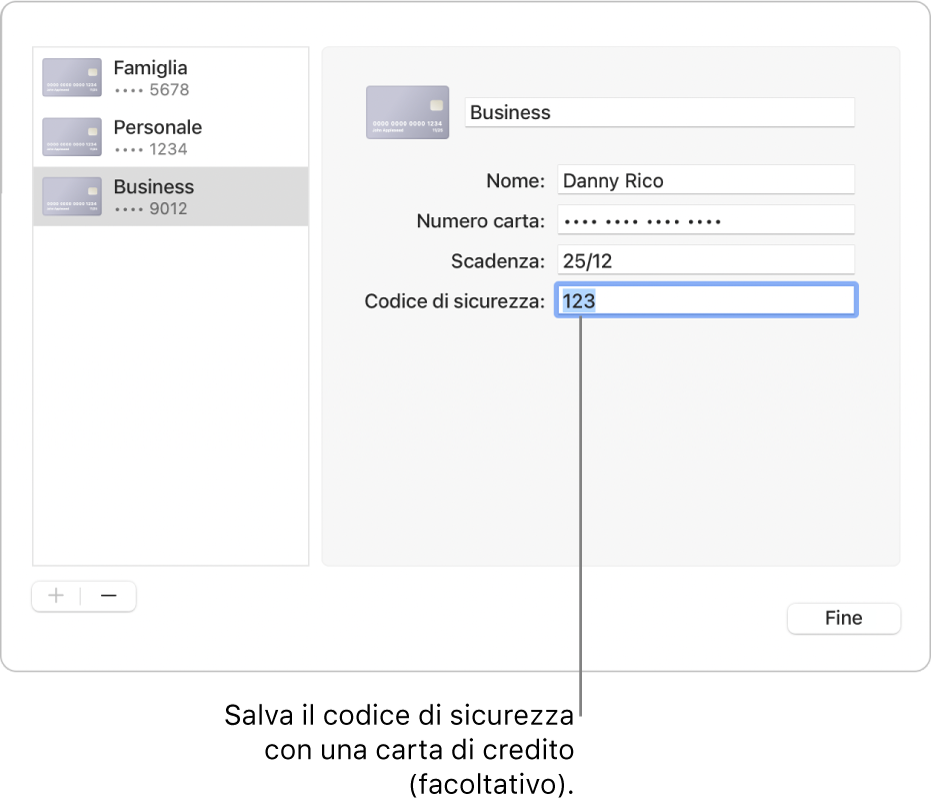 Un modulo con le informazioni della carta di credito con i campi per l'inserimento di nome, numero della carta, data di scadenza e codice di sicurezza.