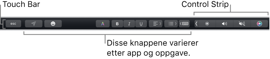 Touch Bar langs toppen av tastaturet, som viser minimert Control Strip til høyre og knapper som varierer avhengig av app eller oppgave.