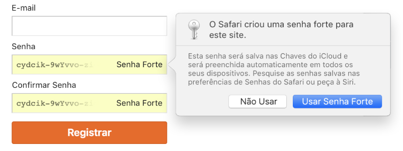 Página de inscrição na conta, mostrando uma senha criada automaticamente e a opção de recusá-la ou usá-la.