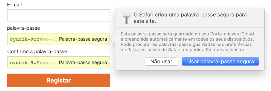 Página de registo de uma conta, com uma palavra‑passe criada automaticamente e a opção de a recusar ou usar.