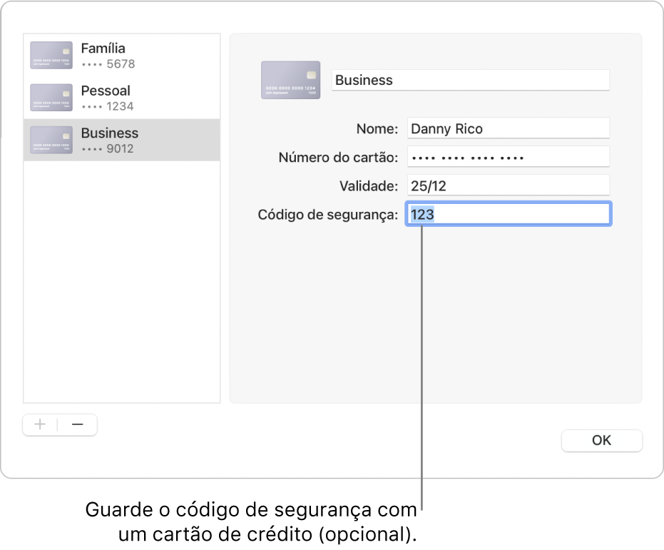 Um formulário de cartão de crédito com campos para introduzir o nome, o número do cartão, a data de validade e o código de segurança.