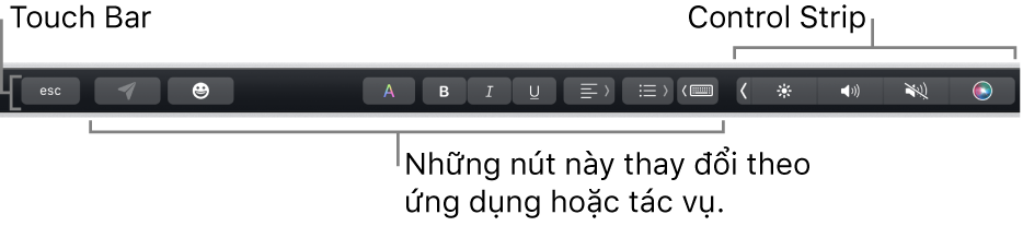 Touch Bar dọc theo cạnh trên cùng của bàn phím, đang hiển thị Control Strip được thu gọn ở bên phải và các nút thay đổi theo ứng dụng hoặc tác vụ.