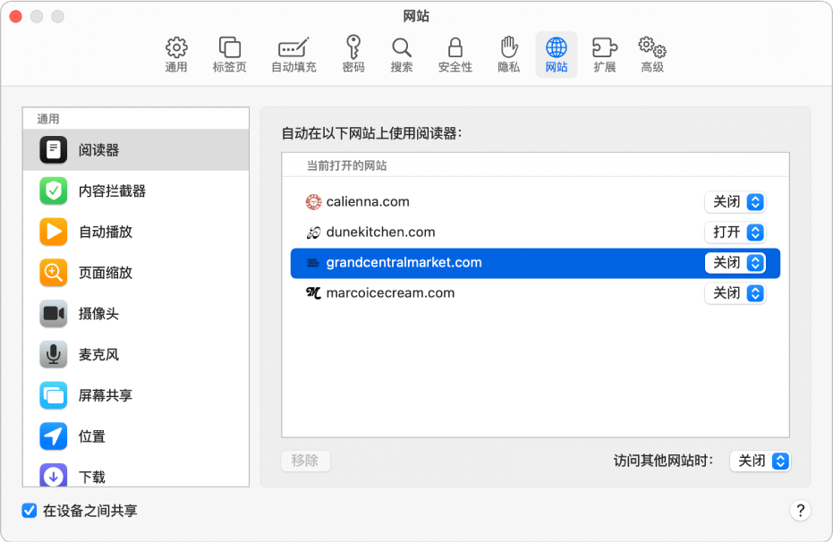 窗口显示 Safari 浏览器的网站偏好设置，边栏下方的“在设备之间共享”已选中。