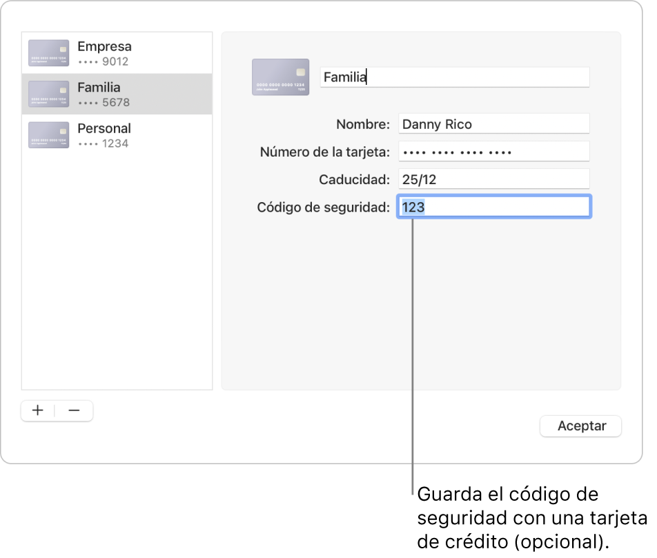 Una tarjeta de crédito con campos para introducir el nombre, el número de la tarjeta, la fecha de caducidad y el código de seguridad.