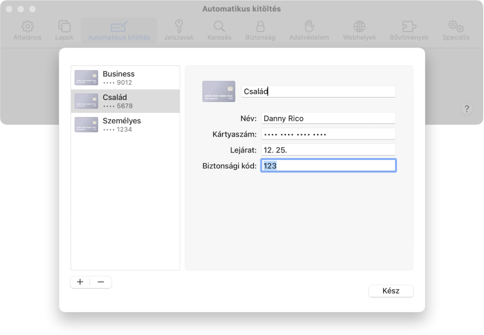 A hitelkártyaadatok (többek között a biztonsági kód) megadására szolgáló ablak.