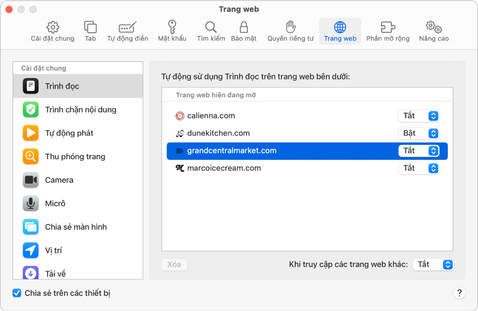 Cửa sổ đang hiển thị tùy chọn Safari cho trang web, có “Chia sẻ trên các thiết bị” được chọn ở bên dưới thanh bên.