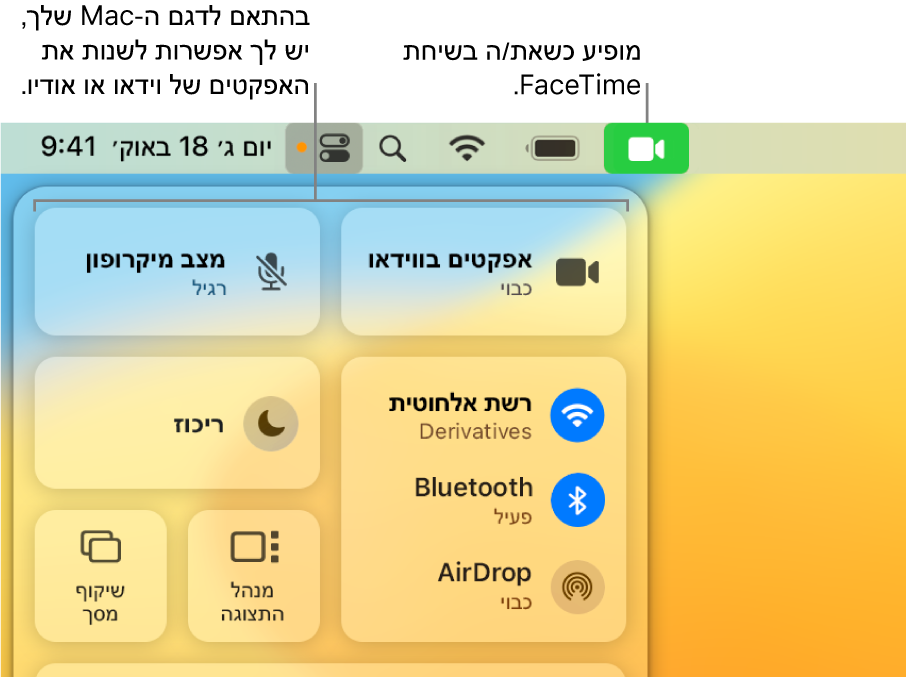 ״מרכז הבקרה״ בפינה השמאלית העליונה של מסך ה‑Mac screen, מציג את האייקון של FaceTime (שמופיע במהלך שיחת FaceTime) ומצב ״מיקרופון״ ו״אפקטי וידאו״ (שמשנים את הווידאו או האפקטים, תלוי ב‑Mac).