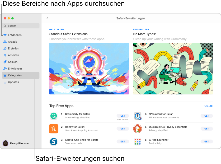 Die Seite „Safari-Erweiterungen“ des Mac App Store. Die Seitenleiste auf der linken Seite enthält Links zu anderen Seiten: Entdecken, Arcade, Erstellen, Arbeiten, Spielen, Entwickeln, Kategorien und Updates. Auf der rechten Seite befinden sich die verfügbaren Safari-Erweiterungen.