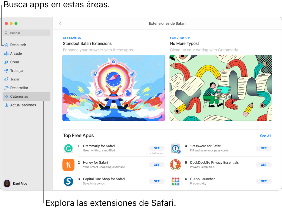 La página de extensiones de Safari de Mac App Store. La barra lateral de la izquierda incluye enlaces a otras páginas: Descubrir, Arcade, Crear, Trabajar, Jugar, Desarrollar, Categorías y Actualizaciones. En la parte derecha están las extensiones de Safari disponibles.