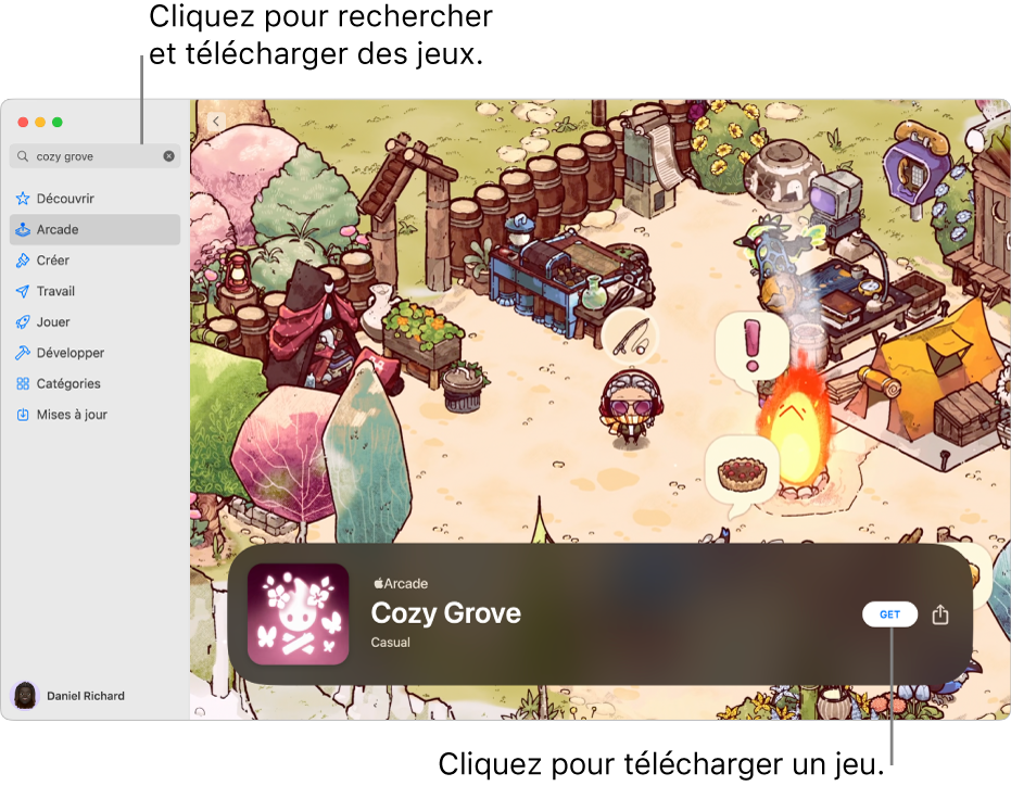 La page principale d’Apple Arcade. Un jeu populaire s’affiche à droite.