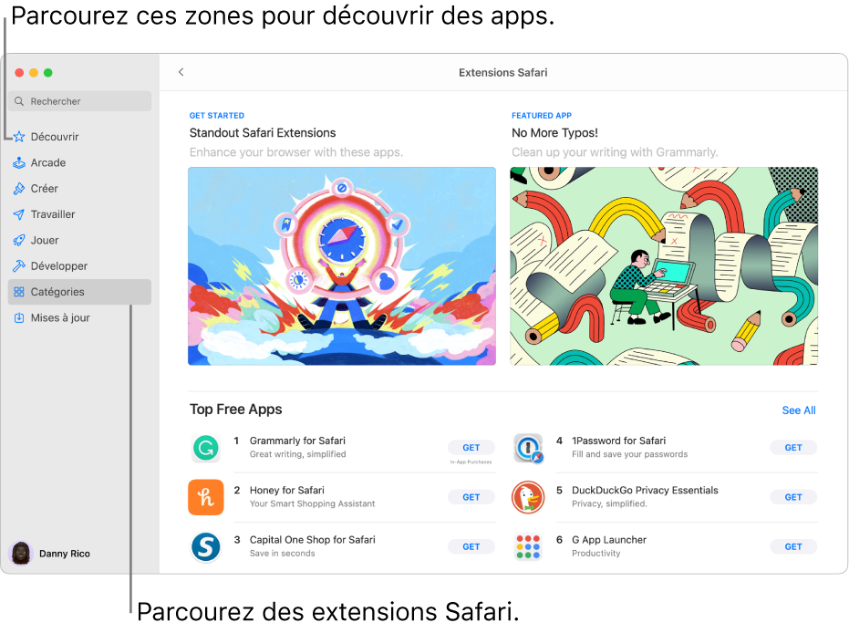 Page principale des extensions Safari du Mac App Store. La barre latérale située à gauche comprend des liens vers d’autres pages : Découvrir, Arcade, Créer, Travailler, Jouer, Développer, Catégories et Mises à jour. À droite se trouvent les extensions Safari disponibles.