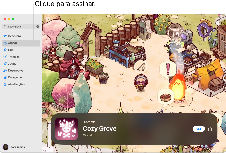 Página principal do Apple Arcade. Um jogo popular é exibido à direita.