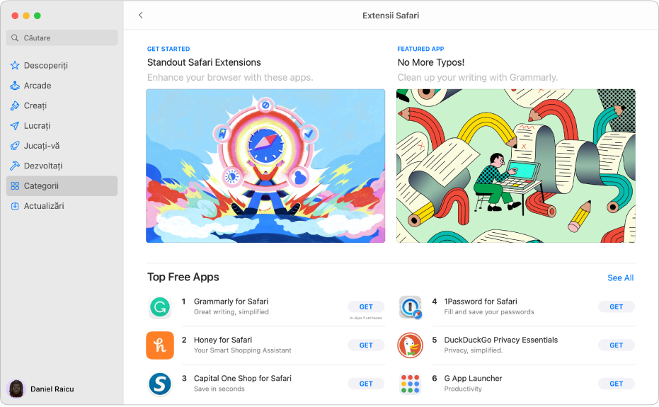 Pagina Extensii Safari din Mac App Store. Bara laterală din stânga include linkuri către alte pagini: Descoperiți, Creați, Lucrați, Jucați, Dezvoltați, Categorii și Actualizări. În dreapta se află extensiile Safari disponibile.
